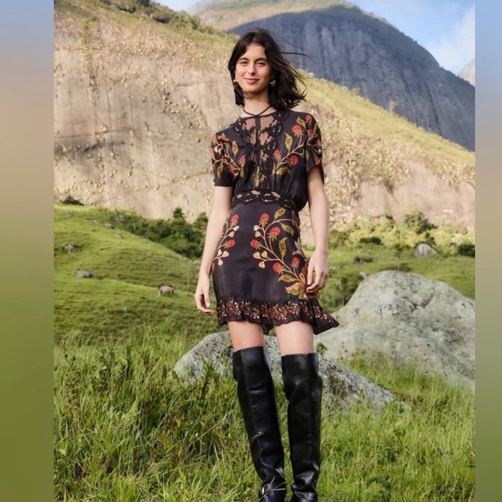 FARM Rio Berry Garden Floral Black Lace Mini Dress Ruffle XS 340038